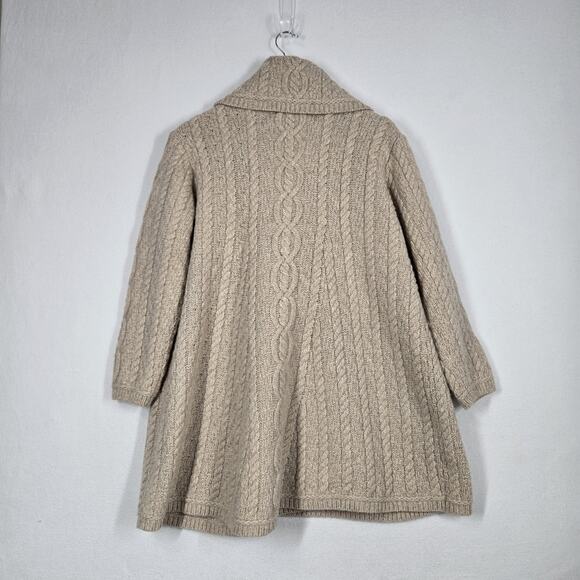 Aran Crafts 100% Merino Wool Cable Knit Cardigan L Beige Oatmeal Shawl Collar - Picture 7 of 16